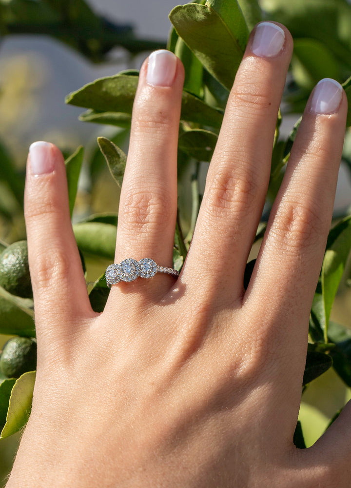 Anillo de Compromiso Diamantes Tres Piedras y Tres Halos